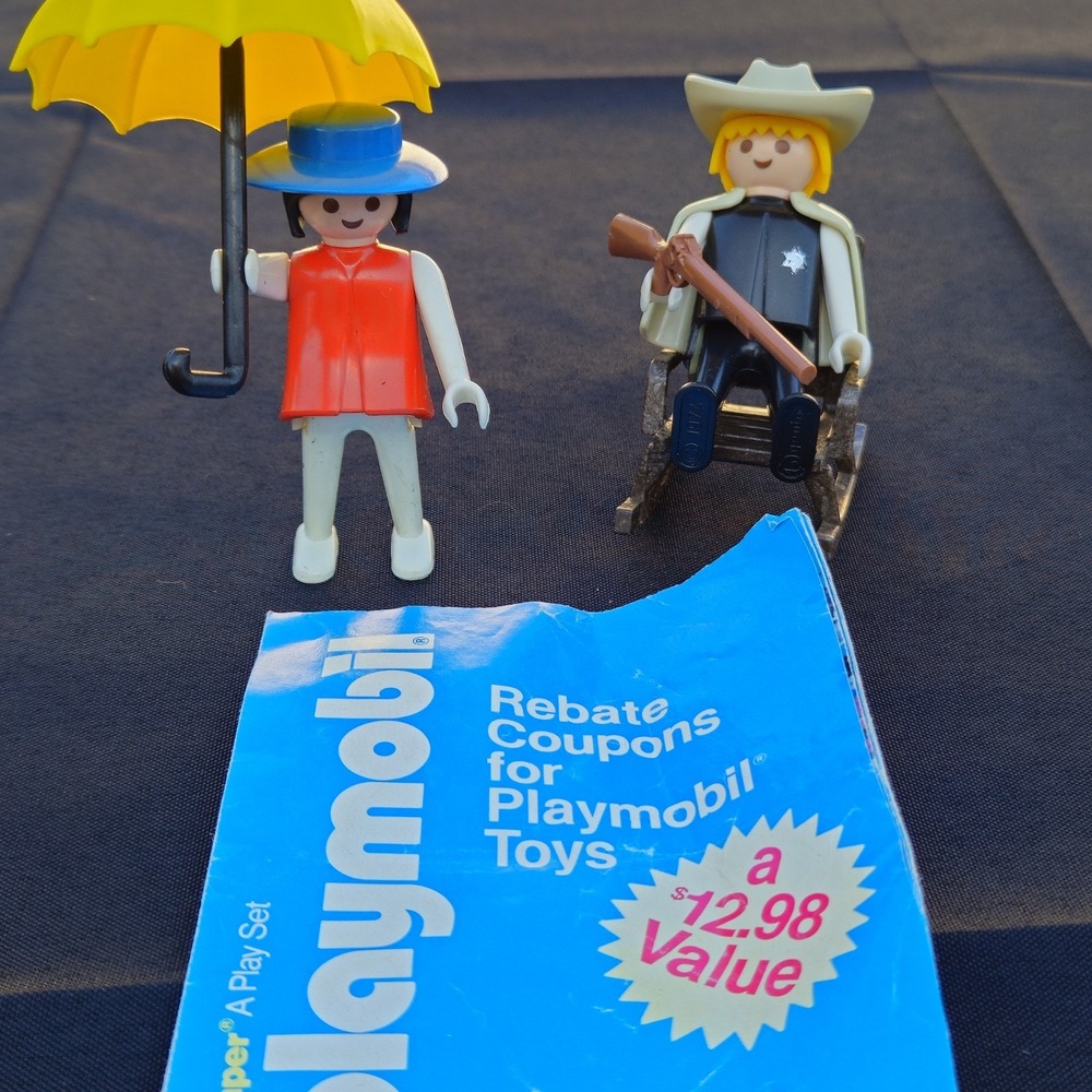 PLAYMOBIL Vintage Figure Lot Sheriff Umbrella Woman Blue Hat Red Dress 1974